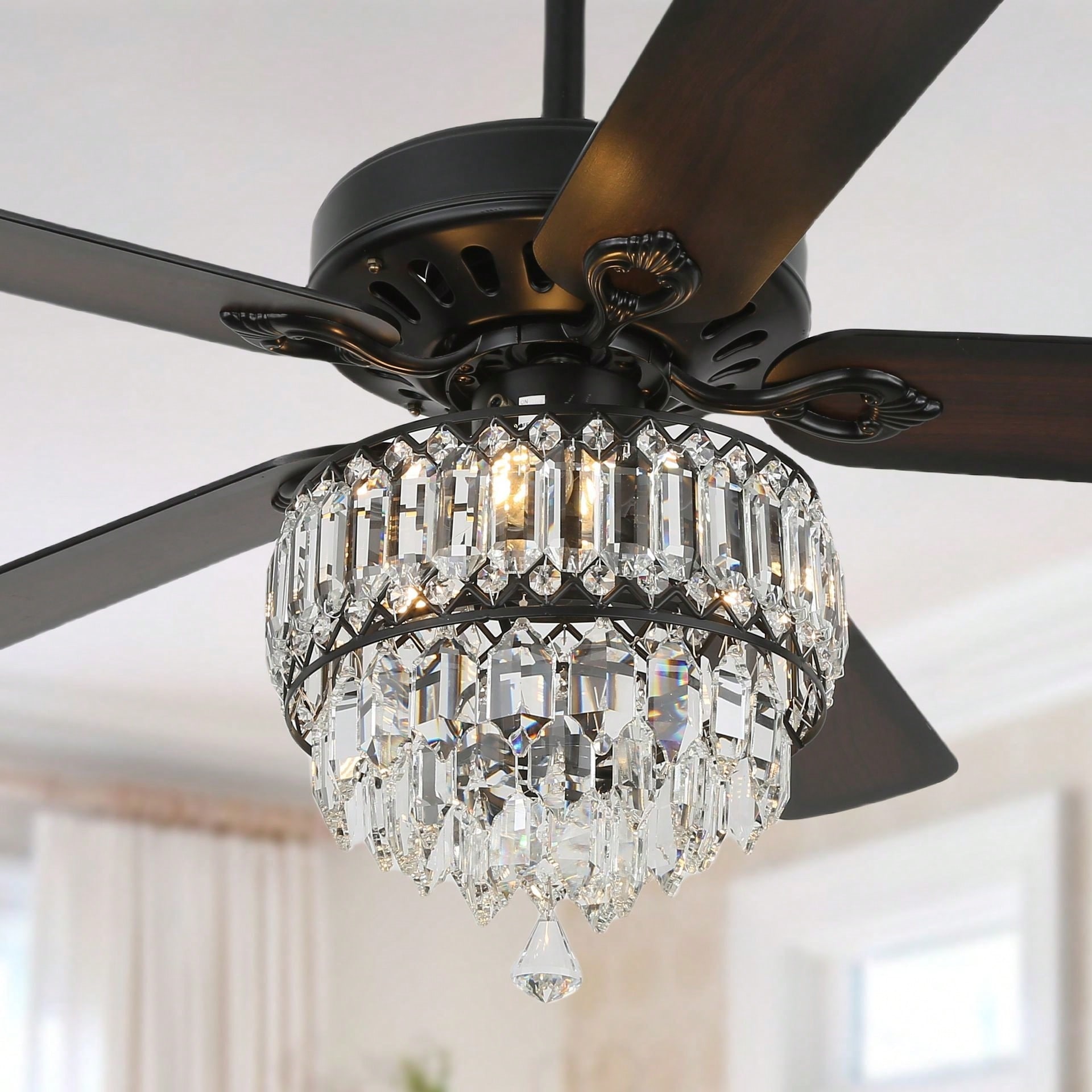 Cusp Barn 52.in. Modern Crystal Ceiling Fan with Remote and Pull Chain, 3 Speeds AC Motor Reversible Ceiling Fan for Bedroom