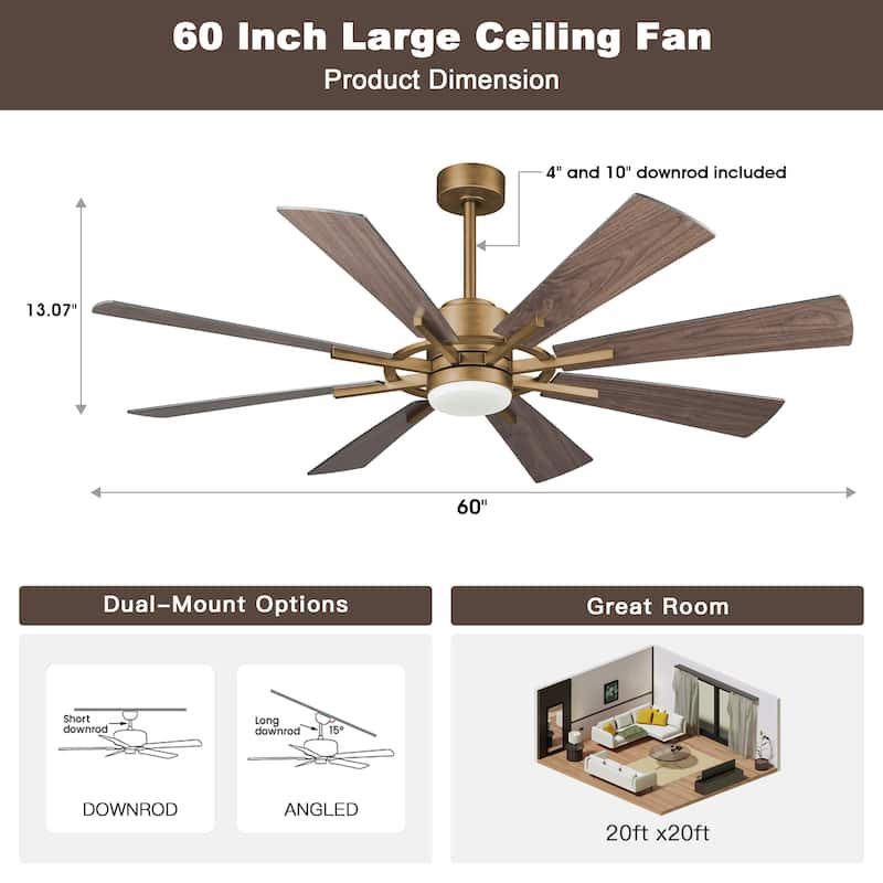 60" Antique Brass Farmhouse Windmill Ceiling Fan with Light and Remote