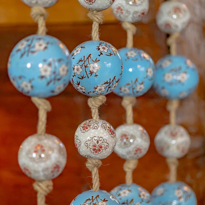 74" Long Porcelain Tsugo Ball Garland in Baby Blue and Ivory "Sakura" - 4" x 4" x 74"
