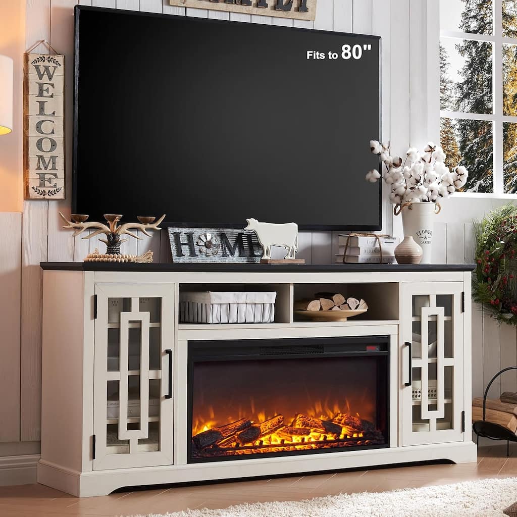 Farmhouse Fireplace TV Stand for 80 Inch TV, Entertainment Center