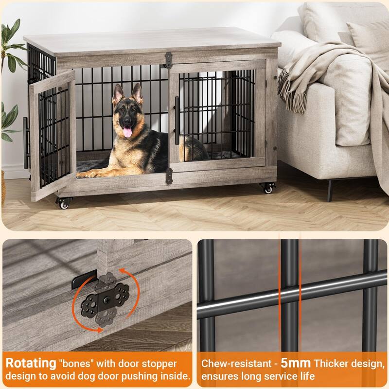 Dog Crate Indoor Heavy Duty Double Doors Wooden Dog Cage with Cushion