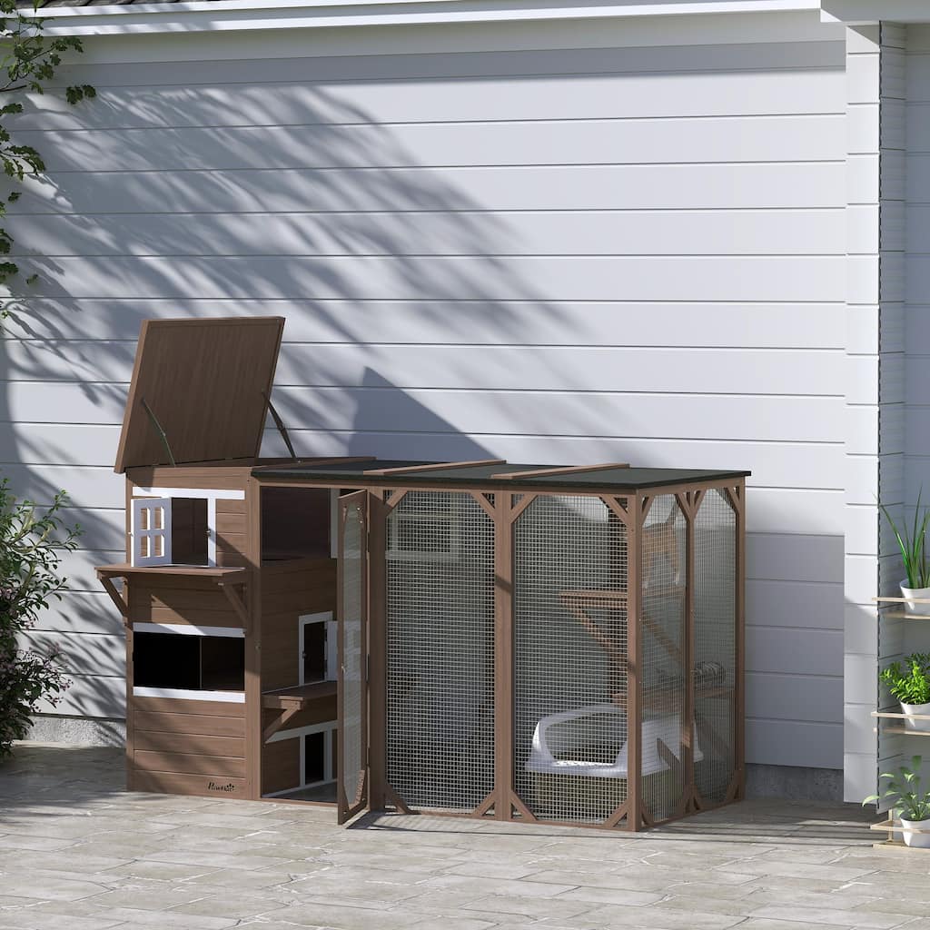 PawHut Catio Outdoor Cat Enclosure, Large Wood Kitten Cat House Enclosure with 3-Level Design, Weatherproof Roof