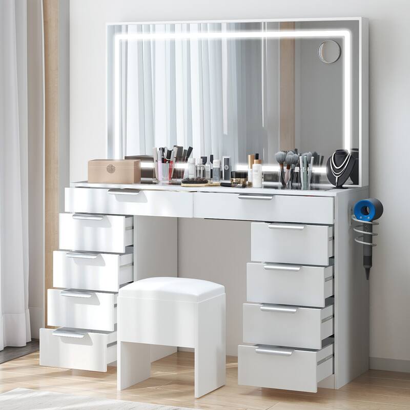Moasis Black 10-Drawer Cosmetic Vanity Desk Set with Glass Tabletop Makeup Vanity with LED Strip