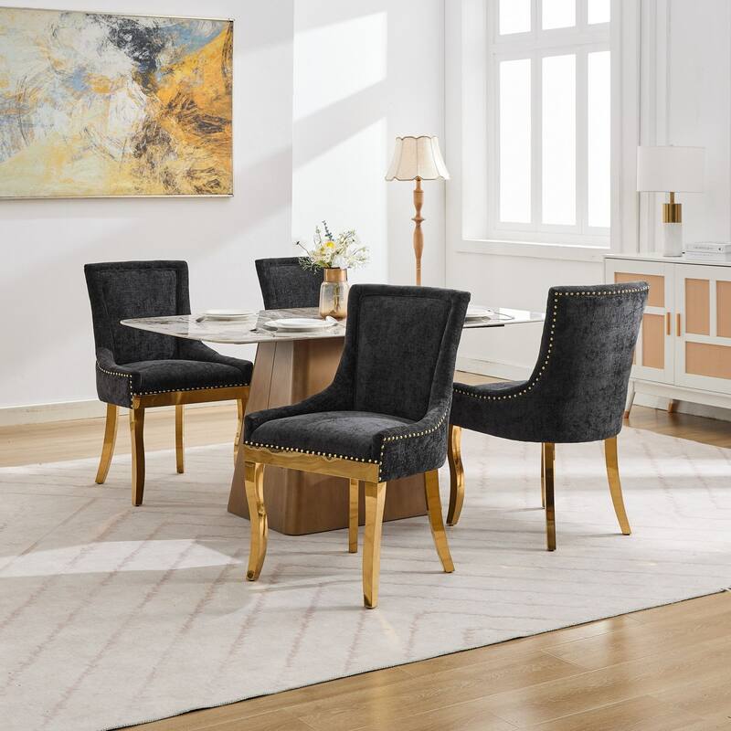 Chenille Dining Chairs, with Curved Gold - Plated Legs & Rivet Trim, Accent Seating with Textured Fabric, Set of 2
