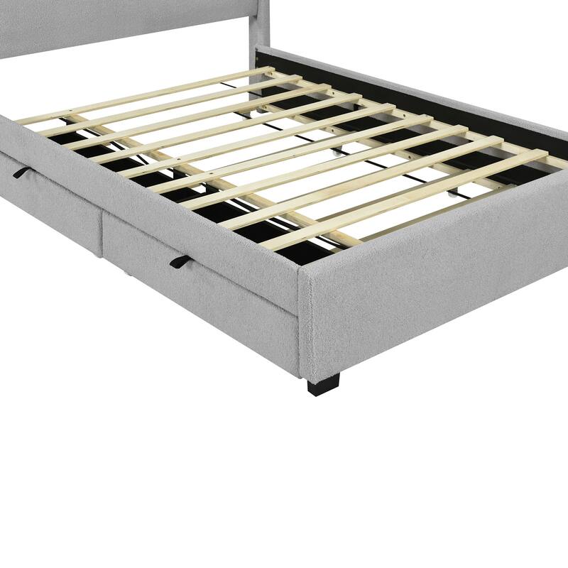 HomeRoots Light Gray Tufted Boucle Lighted Queen Bed Frame With Trundle And USB And Drawers