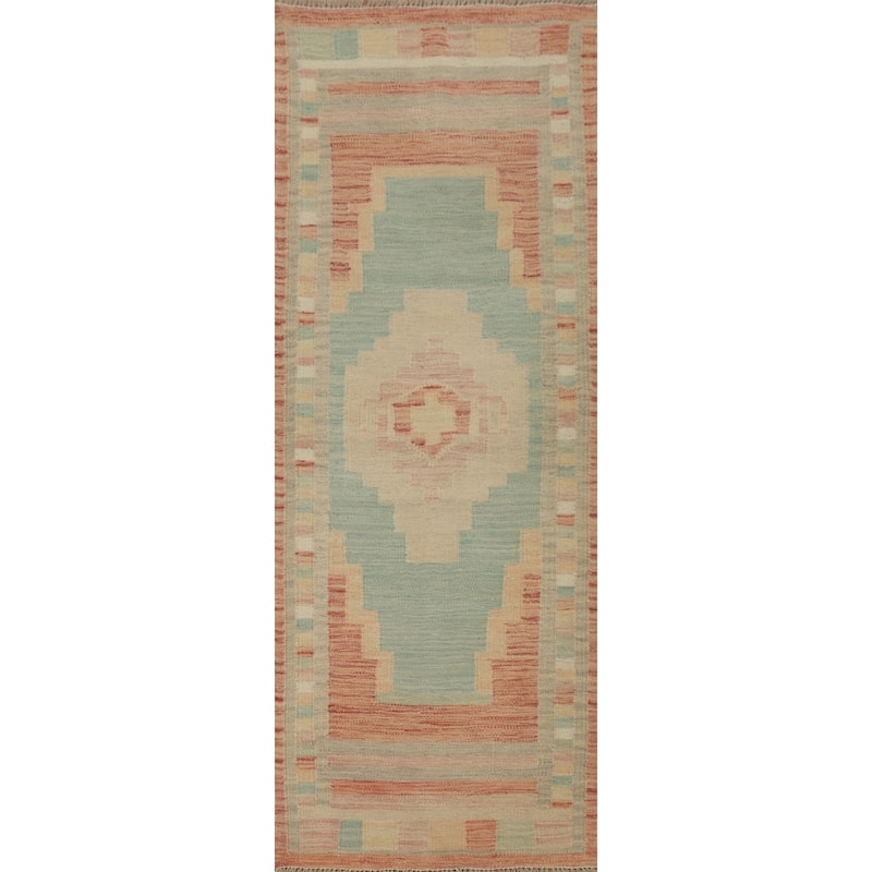 Hand Woven Oriental 100% Wool Carpet Southwestern Tribal Navy Blue & Blues Kilim Runner Rug - 5' 10'' X 2' 1''
