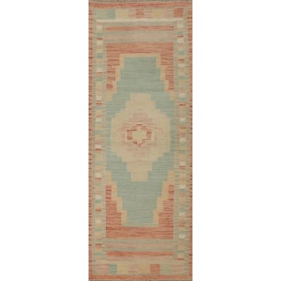 Hand Woven Oriental 100% Wool Carpet Southwestern Tribal Navy Blue & Blues Kilim Runner Rug - 5' 10'' X 2' 1''