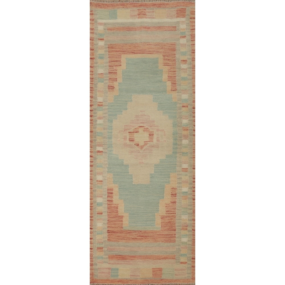 Hand Woven Oriental 100% Wool Carpet Southwestern Tribal Navy Blue & Blues Kilim Runner Rug - 5' 10'' X 2' 1''