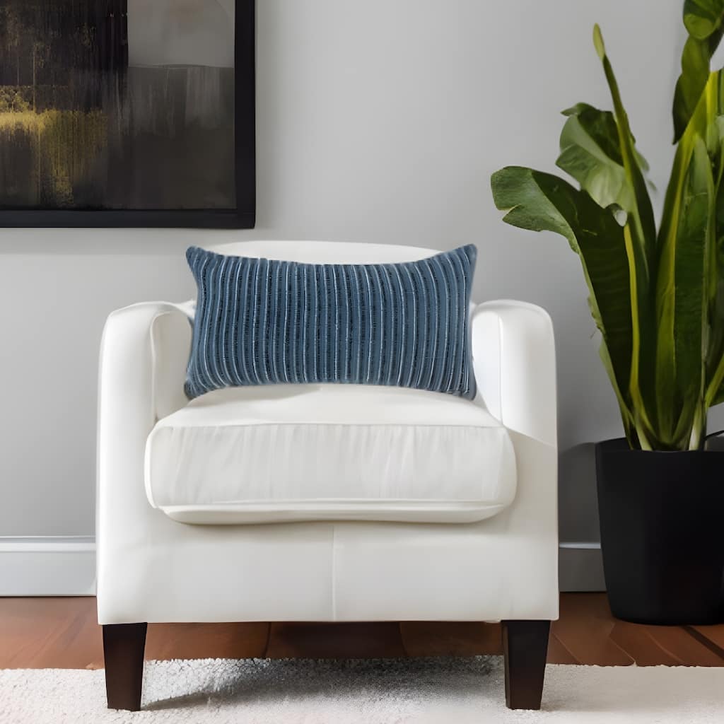 14" X 26" Blue Striped Cotton Blend Lumbar Throw Pillow