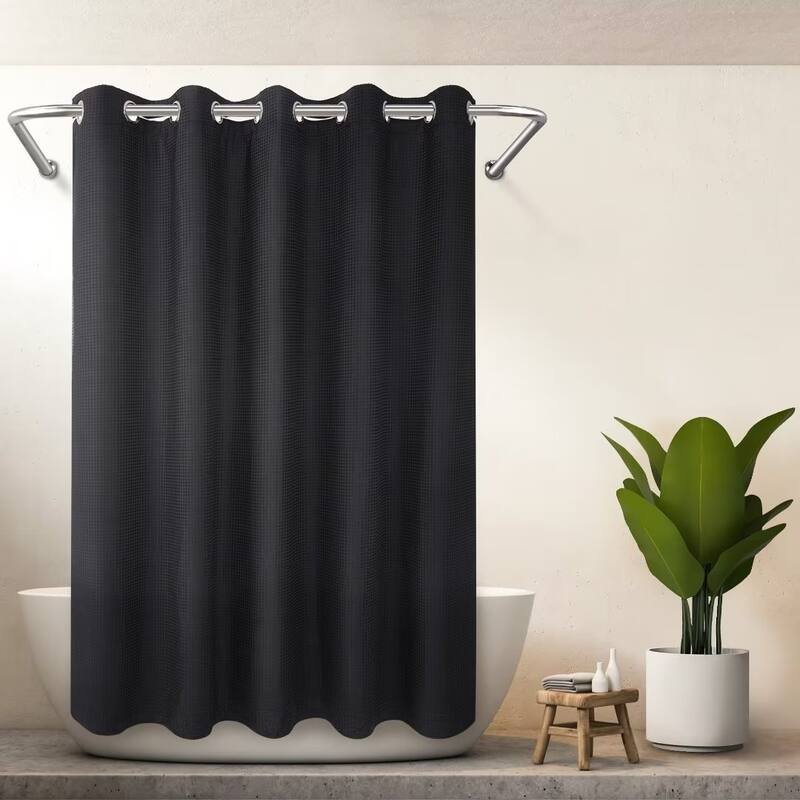 No Hook Cotton Blend Waffle Shower Curtain with Snap-in Liner - 71"Wx74"L - Black