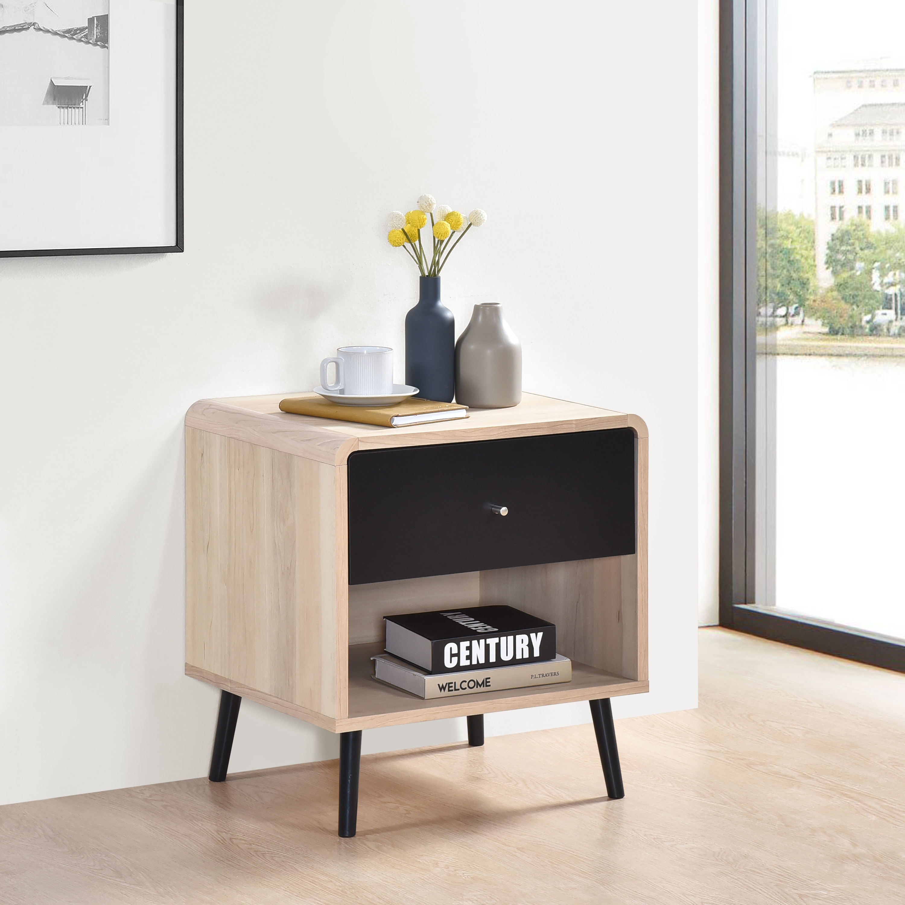 Mid-Century Modern Table with Shelf and Cabinet, Oak & Black Wood Living Room Table with Storage