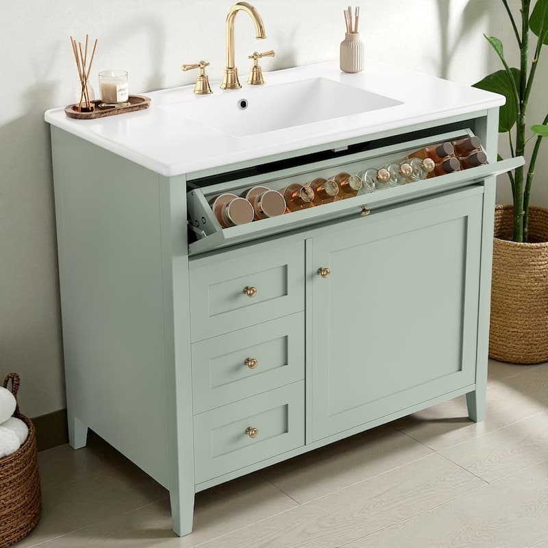 36-Inch Bathroom Vanity with Sink, MDF and Solid Wood Cabinet, 3 Drawers and Adjustable Shelf, Freestanding Design
