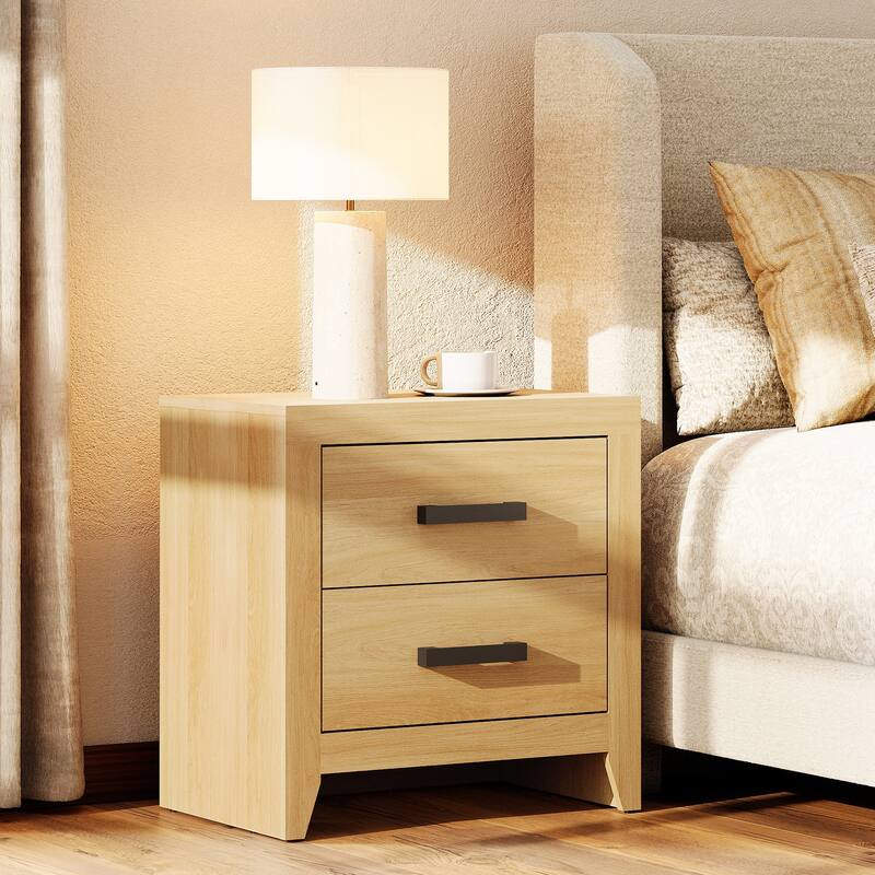 WAMPAT Farmhouse End Table with 2 Storage Drawers - Rustic Brown Accent Table for Bedroom & Living Room - Oak-1PCS