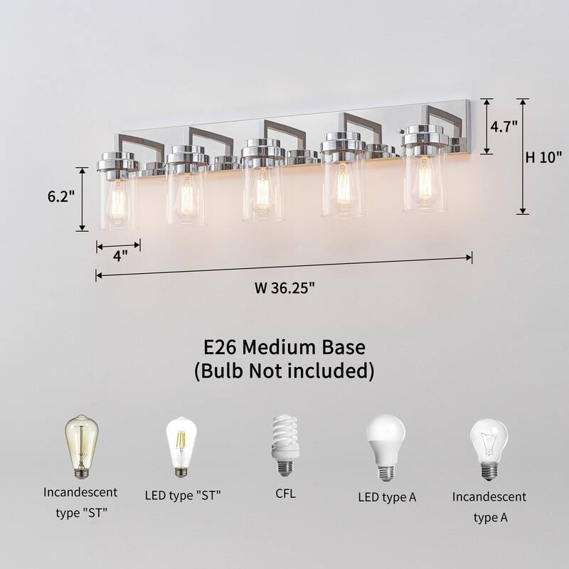 KAWOTI 5-Light Dimmable Bathroom Vanity Light with Clear Glass Shade