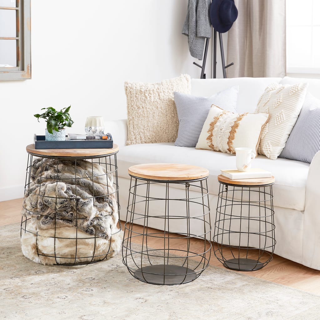 Brown Metal Decorative and Functional Storage Basket with Wood Lids (Set of 3)