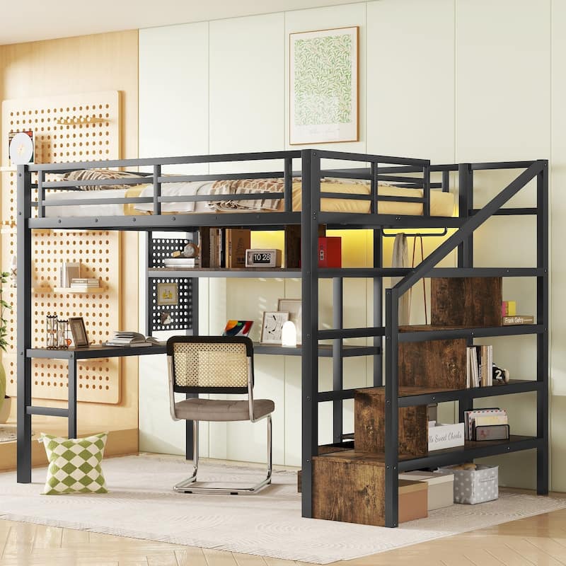 Full Metal High Loft Bed with Storage Compartments Staircase, LED, Charge Station, Shelves, Desk, Pegboard, Hanging Rods Drawers