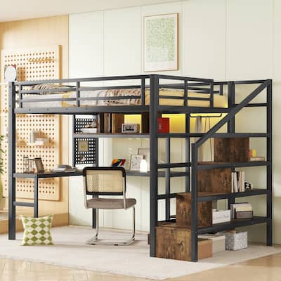 Full Size Metal Loft Bed with LED Lights, Charging Station, Desk, Pegboard, Wardrobe & Storage Staircase