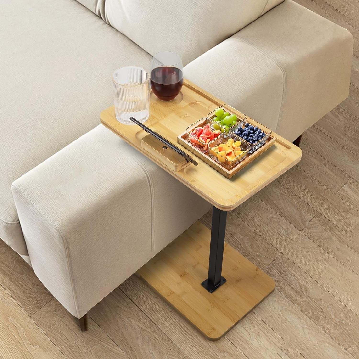 Adjustable Bamboo C-Shaped Side Table with Swivel Stand, Compact Snack Tray for Couch, Bed, or Tub