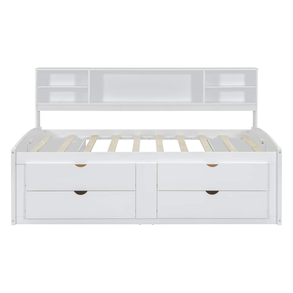 Full Size Wood Daybed with 2 Bedside Cabinets, Upper Shelves and 4 Drawers