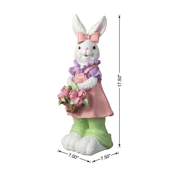 dimension image slide 1 of 2, Glitzhome Easter Resin Bunny Boy Girl Table Statue Decoration Rabbit Figurine with Flower Party Ornaments