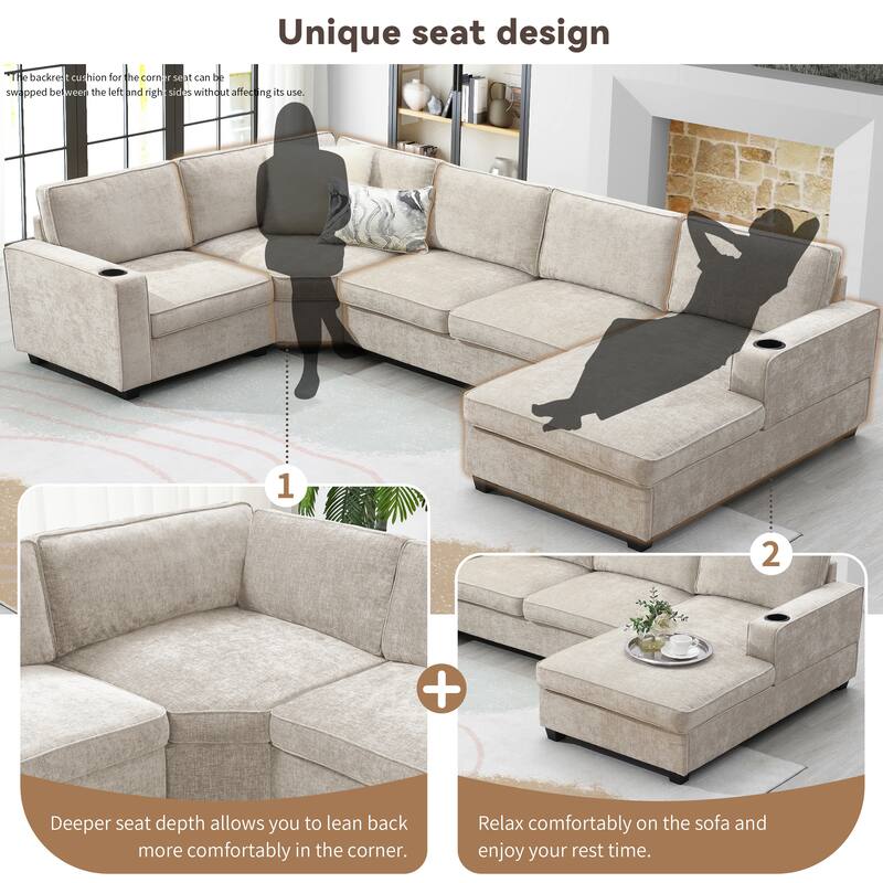 119" U-Shaped Sectional Sofa with Cup Holders, 6 Seat Chenille Corner Couch, Oversized Chaise Lounge