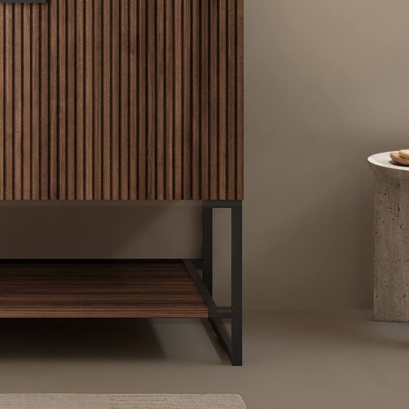 Bathroom Vanity with Retro Walnut Texture, Spacious Drawer, Open Towel Shelf, Durable Plywood Cabinet