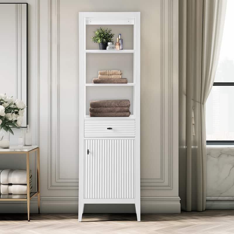 Vanity Art 72" Tall Tower Bathroom Linen Cabinet with Soft Close Door and Drawer - 21"/Matte Black Handle - Linear White