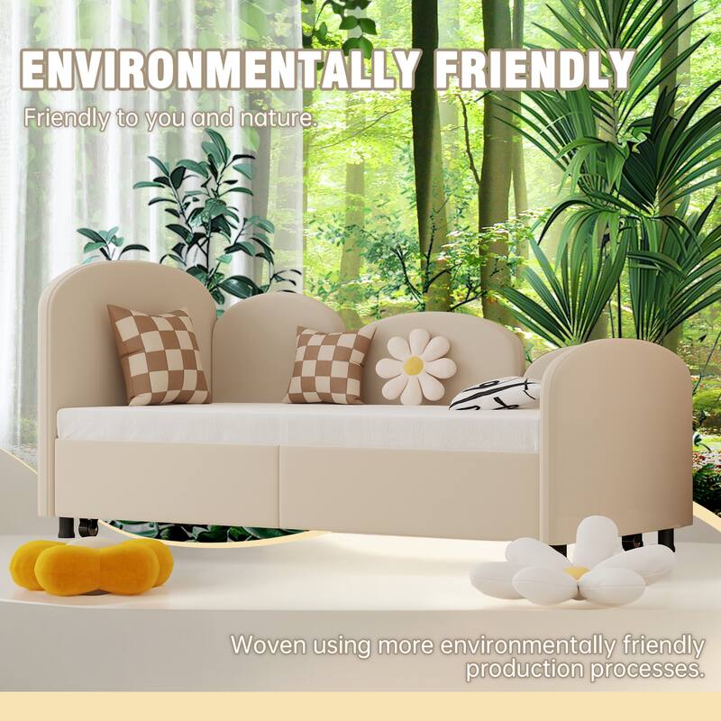 Twin Size Velvet Upholstered Flower Design Daybed with Storage Drawer, Multi-Functional Sofa Bed for Kids Room, Living Room