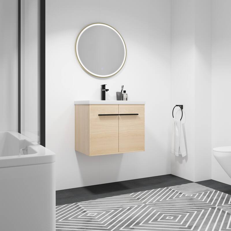 Fully Assembled Black 24 Inch Bathroom Vanity with Ceramic Countertop Sink, Oak 2 Doors Bathroom Cabinet Set