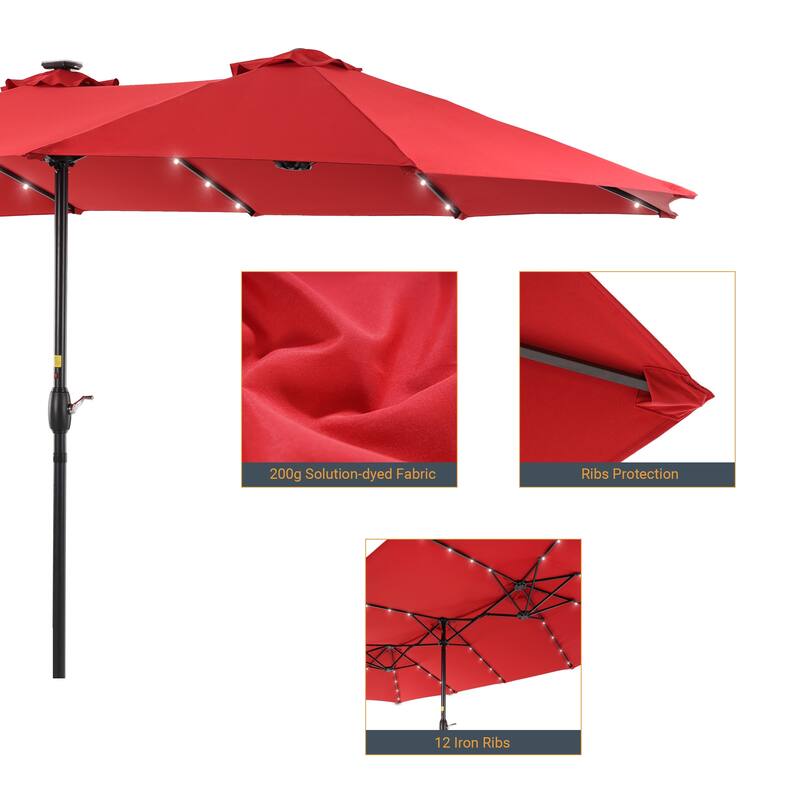 Livoosun 15×9FT LED Double-sided Patio Umbrella with BASE UPF50+ and Handle, and Wind-Resistant Design