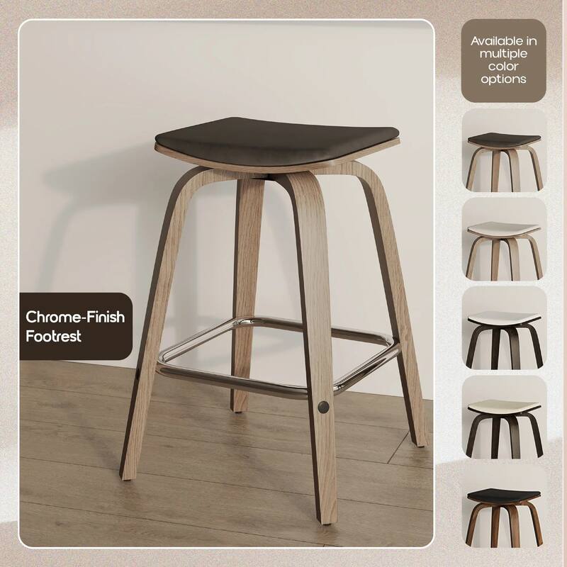 Pelya Leather Swivel Square Counter Stool with Wood Legs and Chrome Footrest for Kitchen Island or Dining Area Set of 2