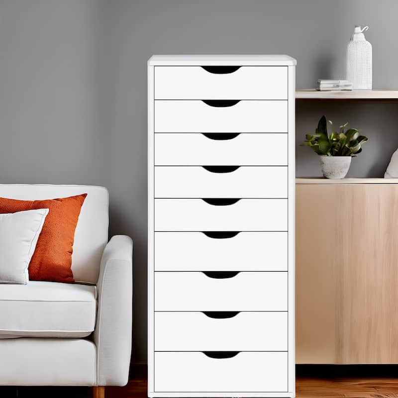 Narrow Wooden 9-Drawer Cabinet with Smooth-Glide Drawers and Top Storage Shelf - White