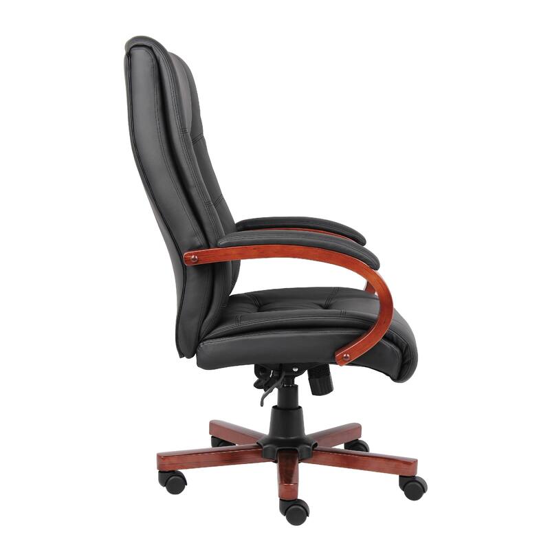 Zoey High-Back Executive Chair, Black Vinyl, Cherry Brown Wood Finish