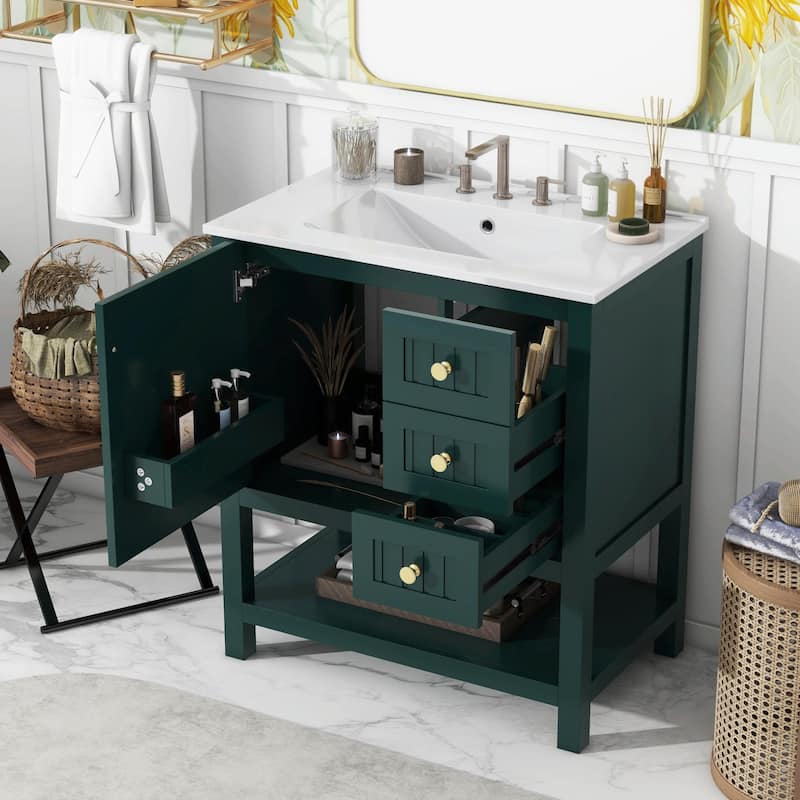 30" Transitional Style Bathroom Vanity with Ceramic Sink Combo - Green