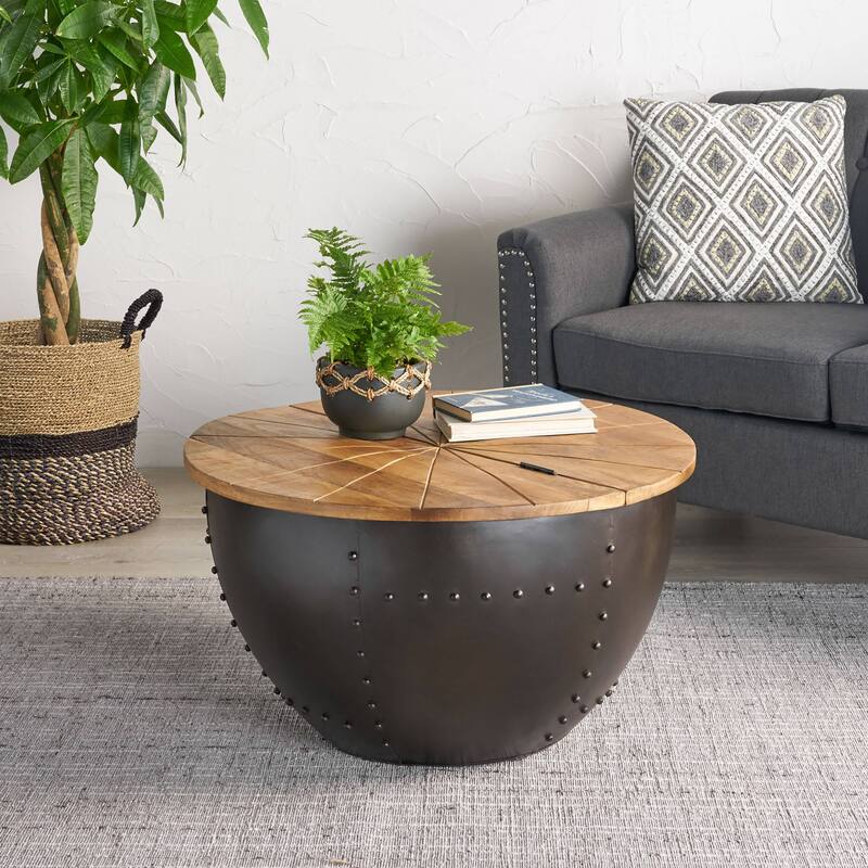 Roomfitters Round Coffee Table, Wood Top Living Room Center Table with Iron Base, Modern Industrial Design, Natural+Brown
