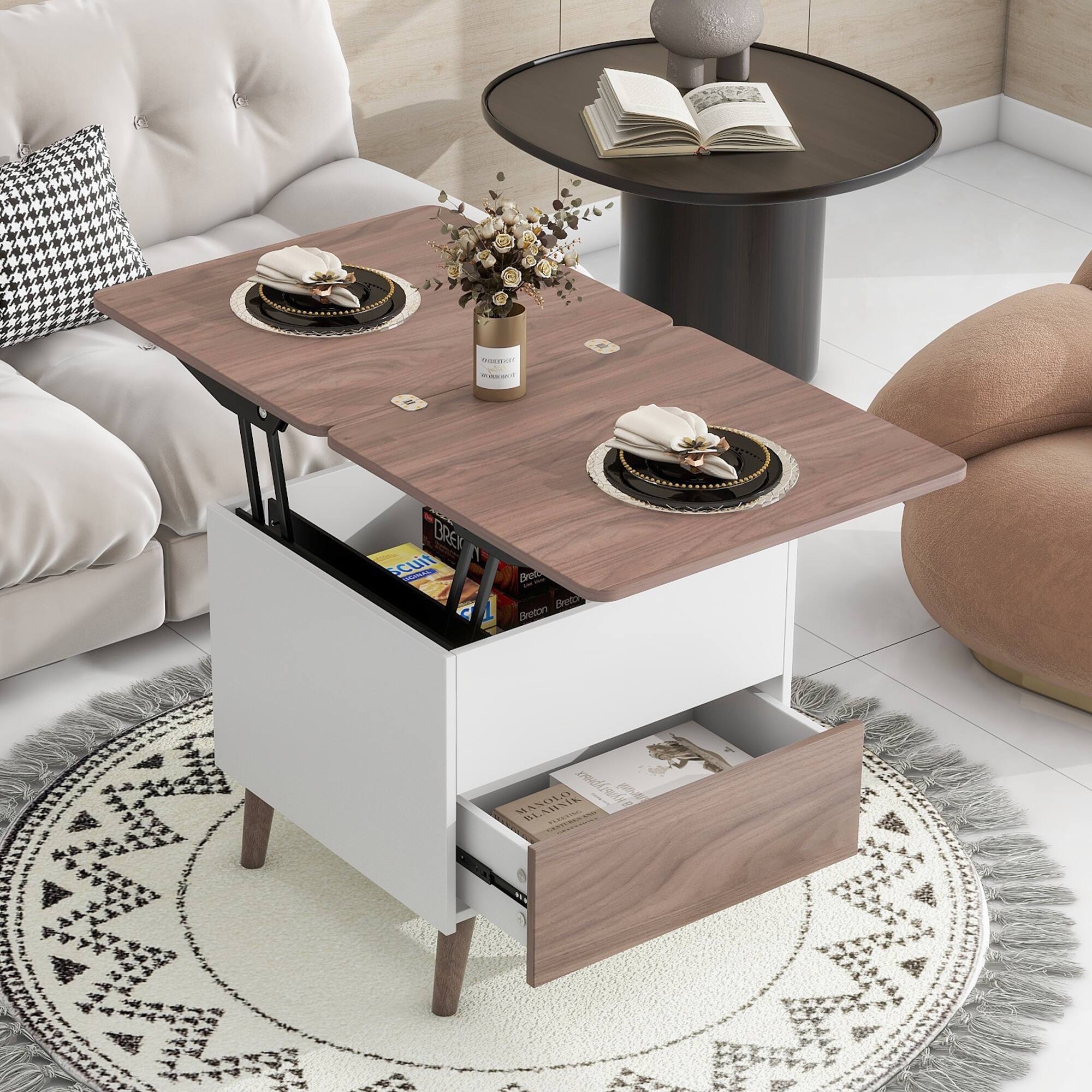 Modern Multifunctional Coffee Table Extendable with Storage & Lift Top