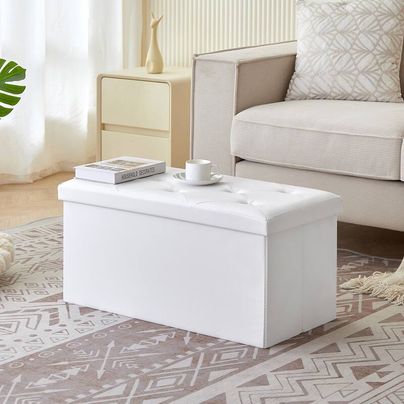 VECELO Folding Storage Ottoman, Bedroom Storage Bench, Versatile Footrest Footstool Tufted Faux Leather Chest for Living Room