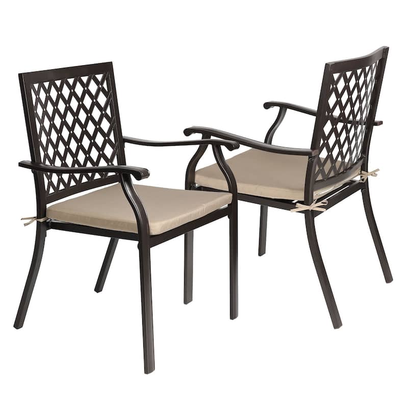 Aoodor Outdoor Patio Metal Stackable Dining Chairs 2-Piece Set with Curved Armrests and Strapped Seat Cushions - Brown