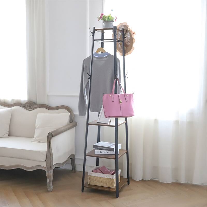 Industrial Coat Rack Stand Hall Tree Clothes Storage Shelves Hooks - Black and Dark Brown