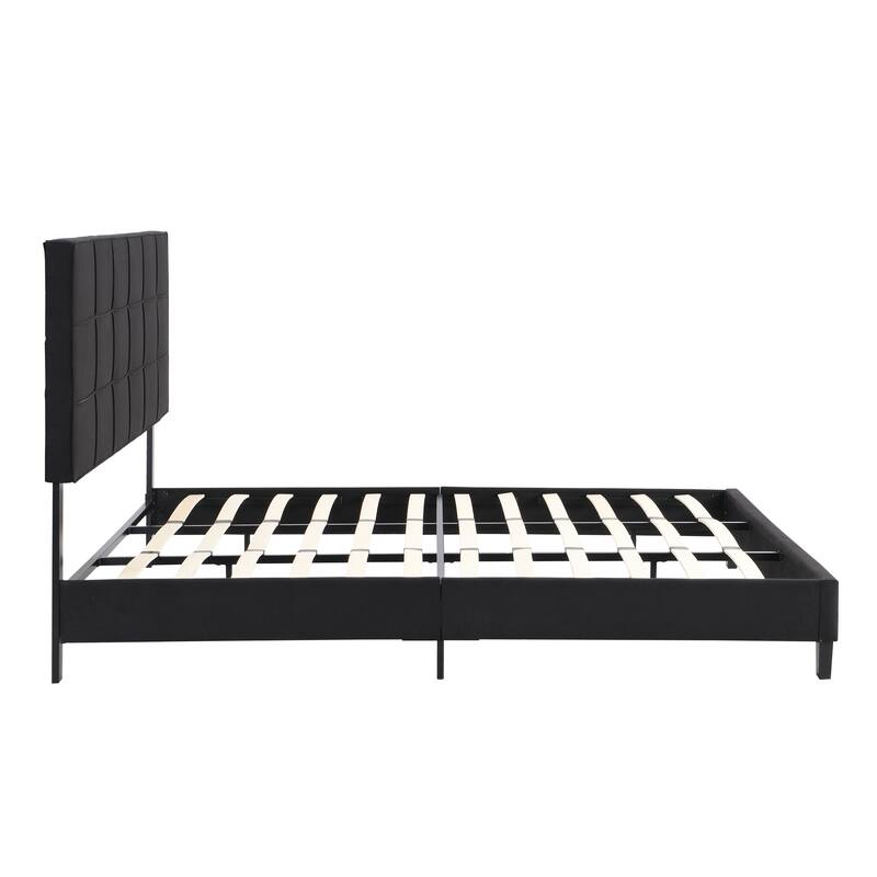 Black King Size Upholstered Bed with Linen Fabric Headboard