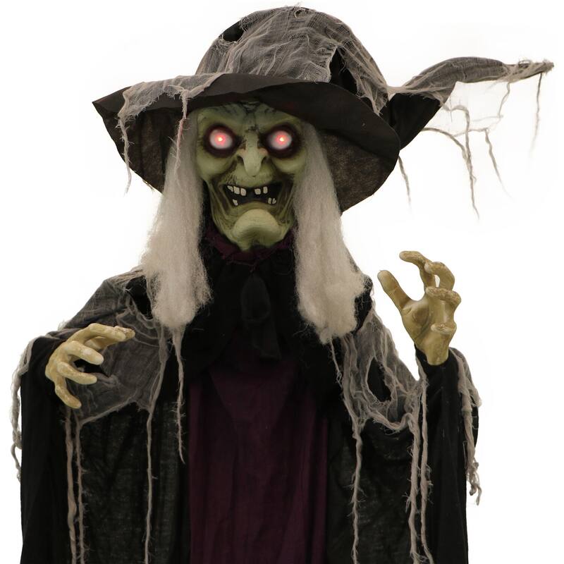 Haunted Hill Farm 6.9-ft. Standing Witch, Indoor/Covered Outdoor Halloween Decoration, LED Red Eyes, Poseable, Spinster