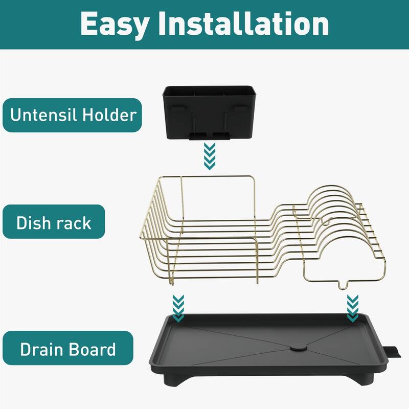 Dish Drying Rack for Kitchen Countertop, Gold Stainless Steel Dish Drainer with Drain Board, Utensil Holder & Anti-Slip Feet