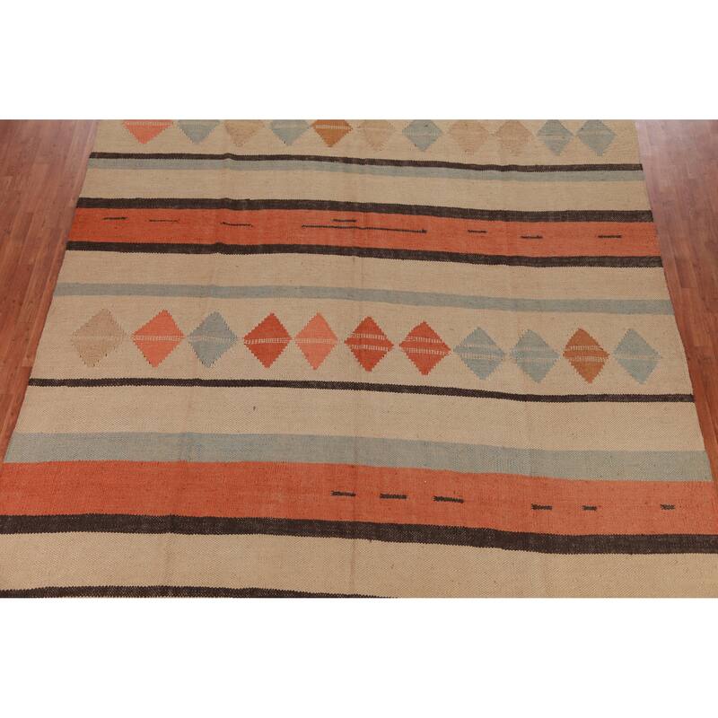 Hand Woven Oriental 100% Jute Carpet Modern Stripe Beige & Ivories Kilim Area Rug - 14' 0'' X 10' 0''