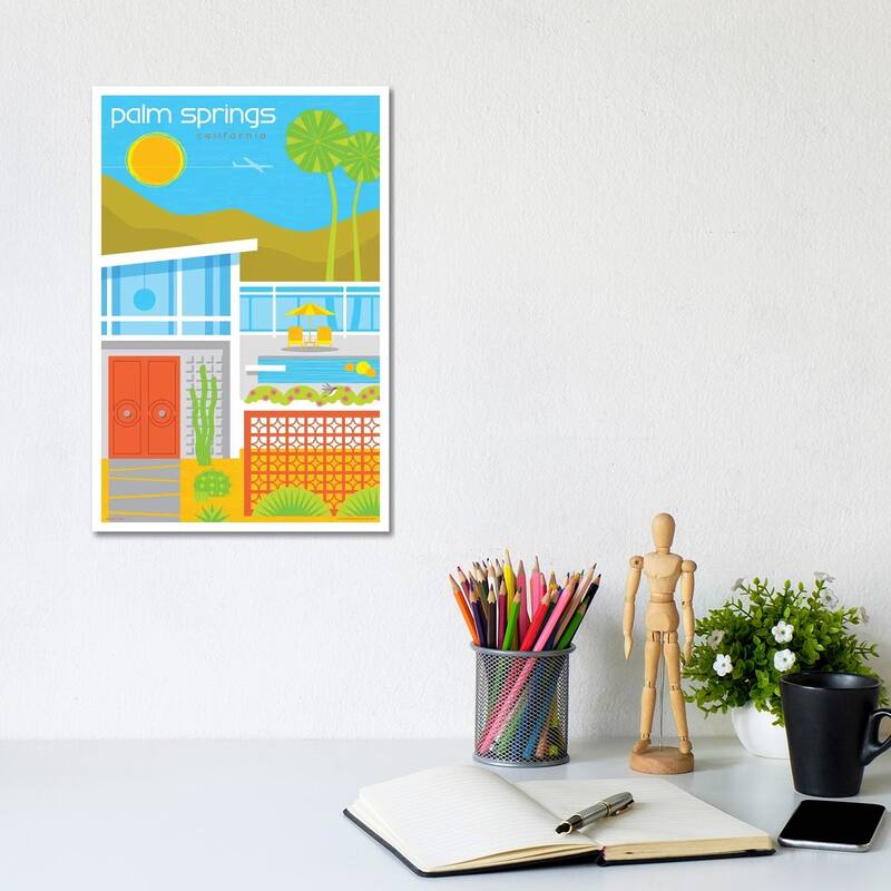 iCanvas "Palm Springs Mid Century House Travel Poster" by Jim Zahniser Canvas Print - 12x8x0.75