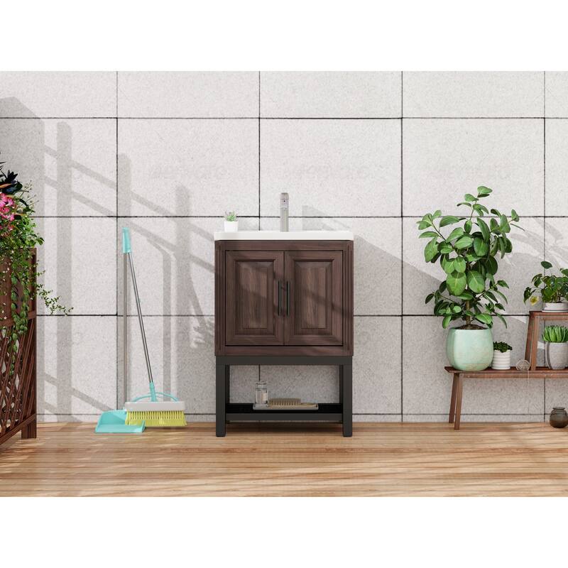 Roomfitters 24" Bathroom Vanity with Sink, Freestanding Storage Cabinet with 2 Doors and Open Shelf - Walnut