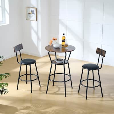 Rustic 3-Piece Dining Set with Round Bar Table & 2 PU Bar Stools