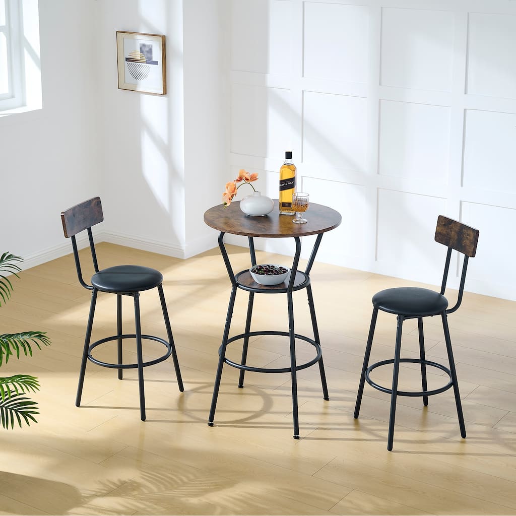 Rustic 3-Piece Dining Set with Round Bar Table & 2 PU Bar Stools
