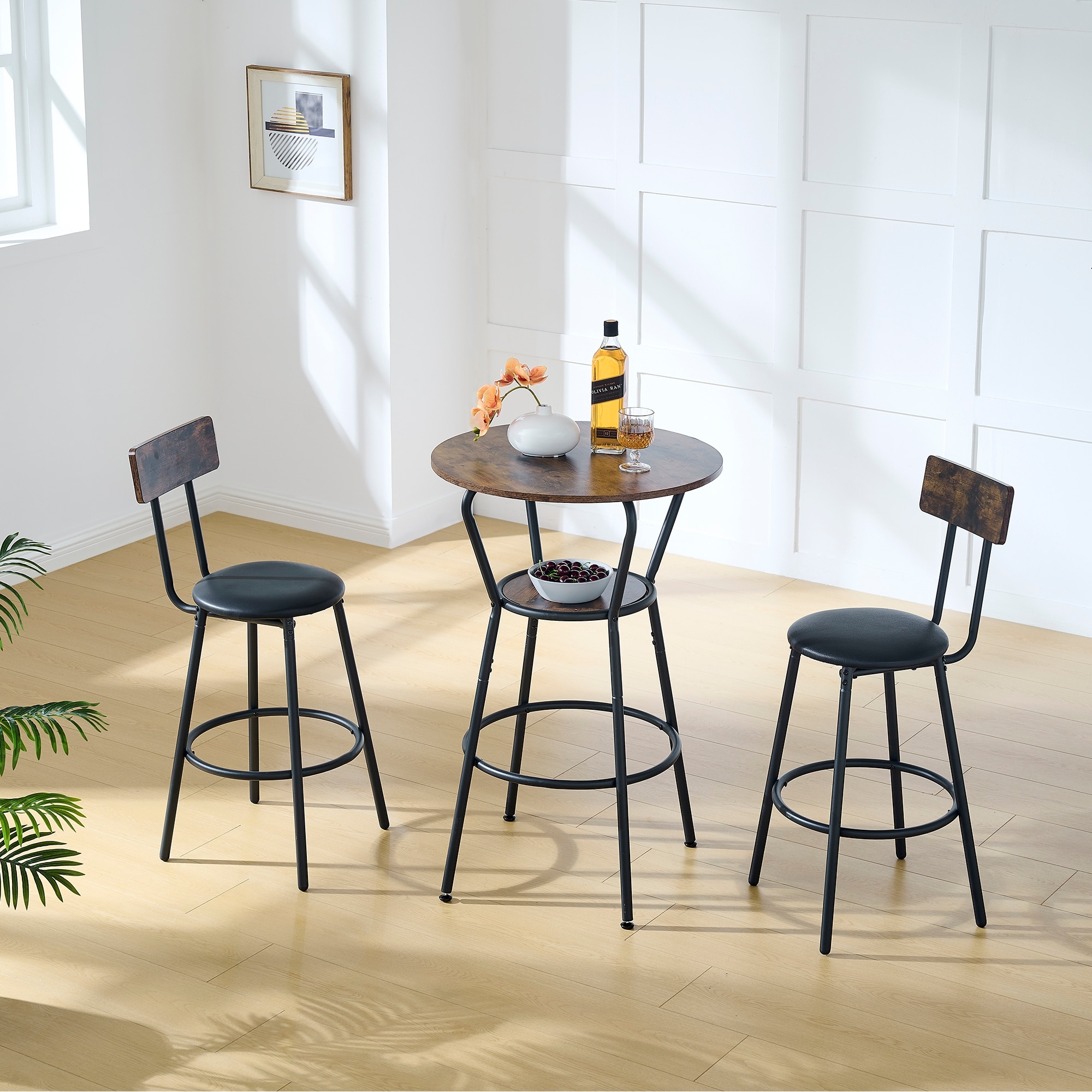 Rustic 3-Piece Dining Set with Round Bar Table & 2 PU Bar Stools