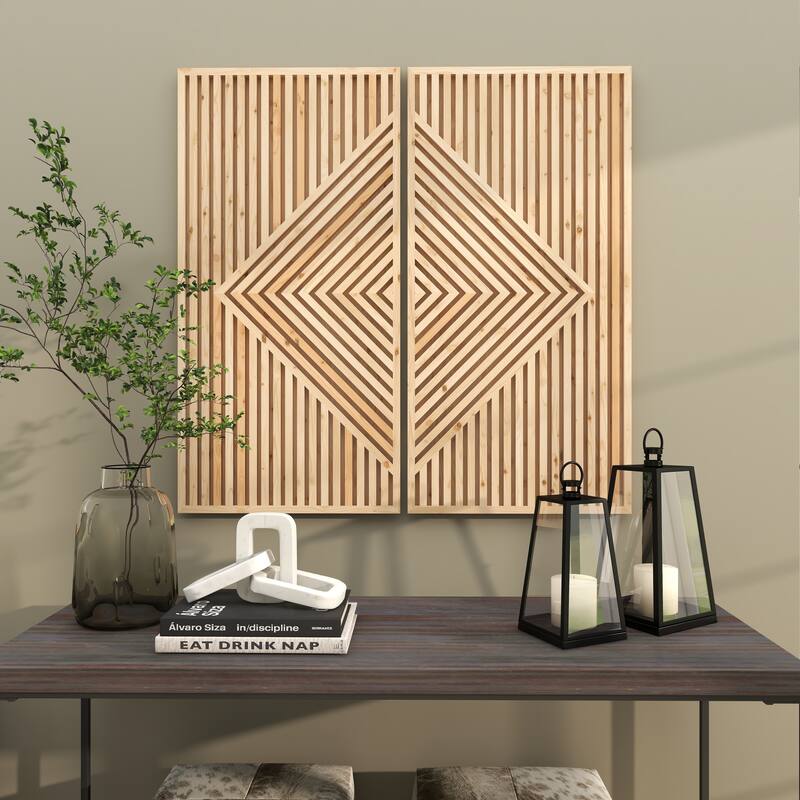 Brown Wood Carved Geometric Home Wall Decor (Set of 2)