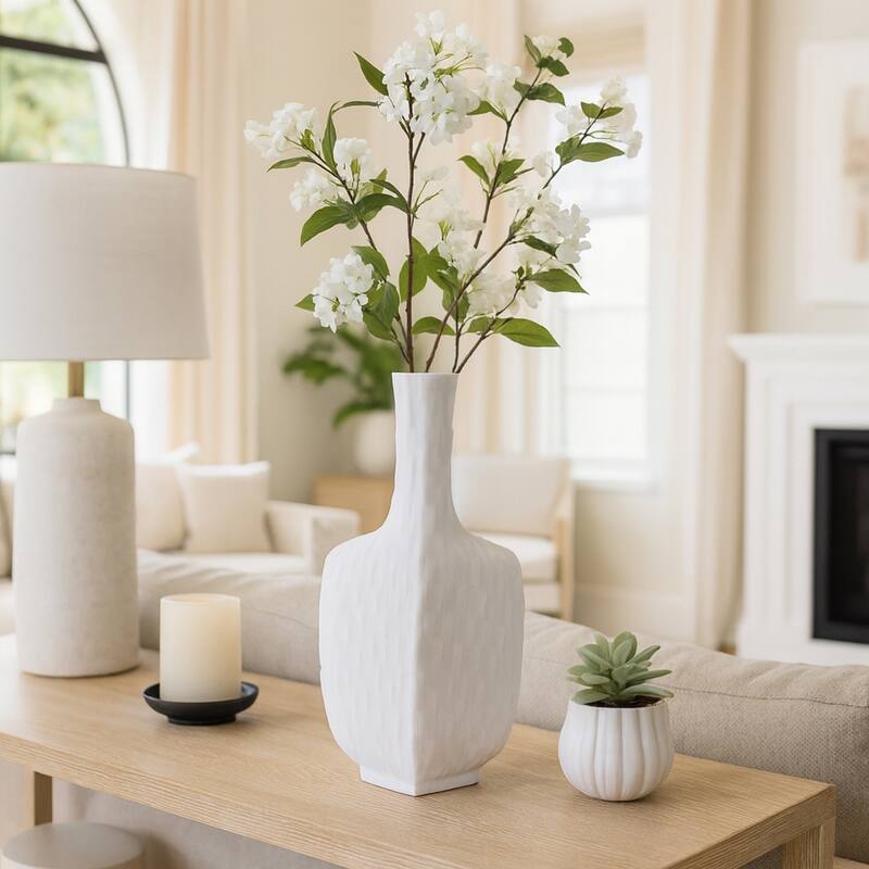 Resin Geometric Vase Textured Square Base For Home Decor - 15" White